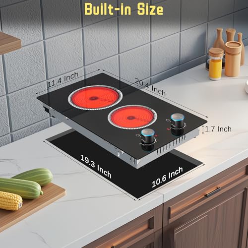 Image of 2 Burner Electric Cooktop, 12 Inch Electric Stove Top, 120V Stove Top Burner Knob Control, 2000W Countertop Stove with Timer, 9 Heating Levels, Overheat Protection, High-Temp Alarm Pladeca