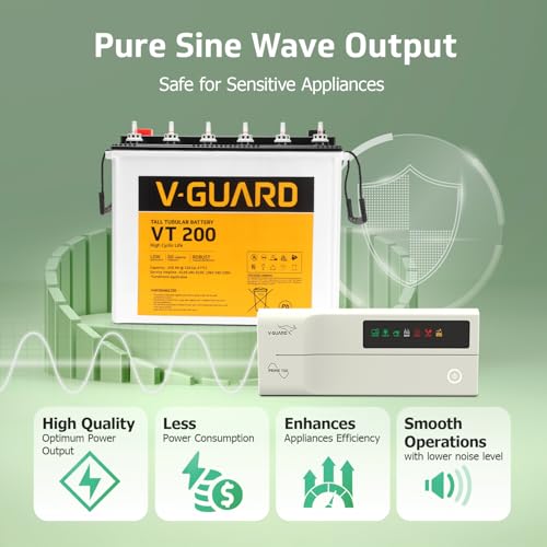 Image of V-Guard Inverter & Battery Combo (750 Pure Sine Wave 650VA / 12V Inverter, VT 200 200Ah Tall Tubular Battery) for Home, Office & Shops
