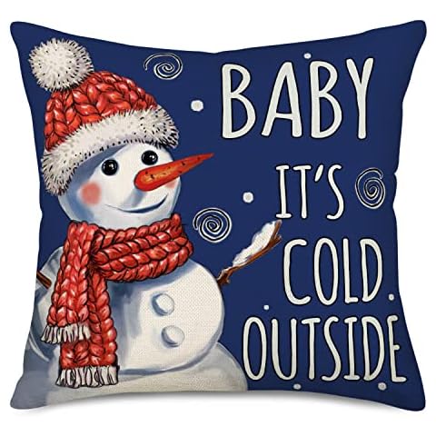 Doitely Baby It’s Cold Outside Holiday Pillow Covers 18 x 18 Inch Blue Christmas Decorations Winter Lovely Snowman Decorative Throw Pillow Case Cushion Cover for Home Sofa Bed Cover