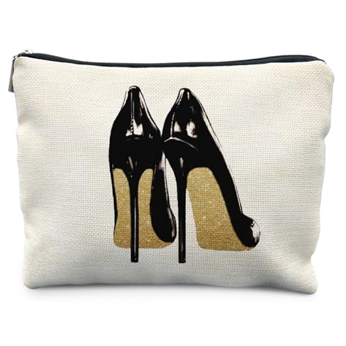 KBRCT Trendy Black and Gold Makeup Bag for Women, Fashion Glitter High Heels Modern Aesthetic Cosmetic Bag for Purse, Trendy Girly Makeup Zipper Pouch