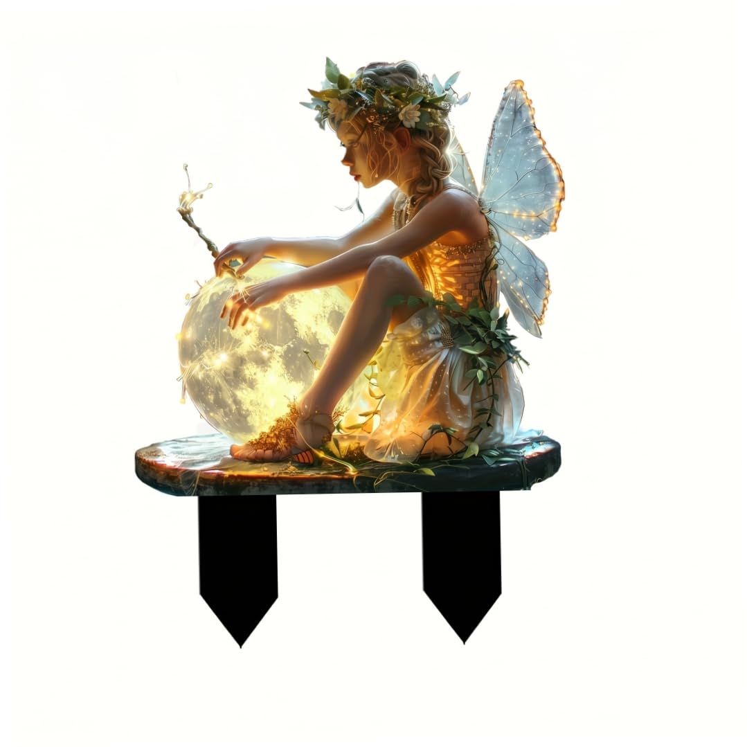 Bemonew Garden Fairy Decor for Outside, 2D Glowing Orb Fairy Garden Stakes | Waterproof Acrylic Sign for Yard Patio Potted Plant 7.09x9.84inch Style 2