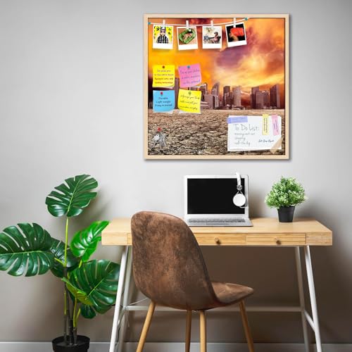 Image of ArtzFolio City Overlooking Desolate Desert | Bulletin Board Notice Pin Board | Vision Soft Board Combo with Thumb Push Pins & Sticky Notes | Natural Brown Frame | 28 x 28 inch (71 x 71 cms)