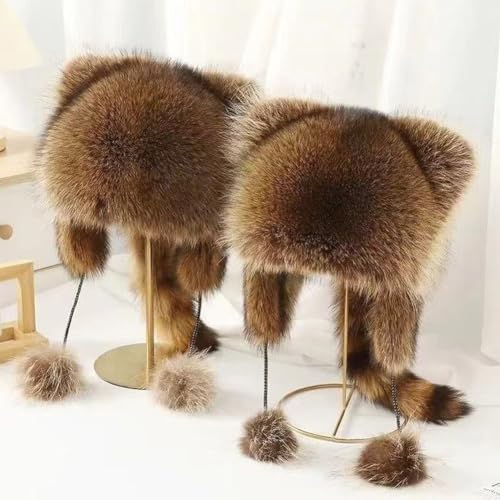 Winter Cute Raccoon Plush Hats, Earflap Warm Parent Child Plush Animall Beanie Cap, Faux Fur Trapper Hat with Pom Poms, Tail2