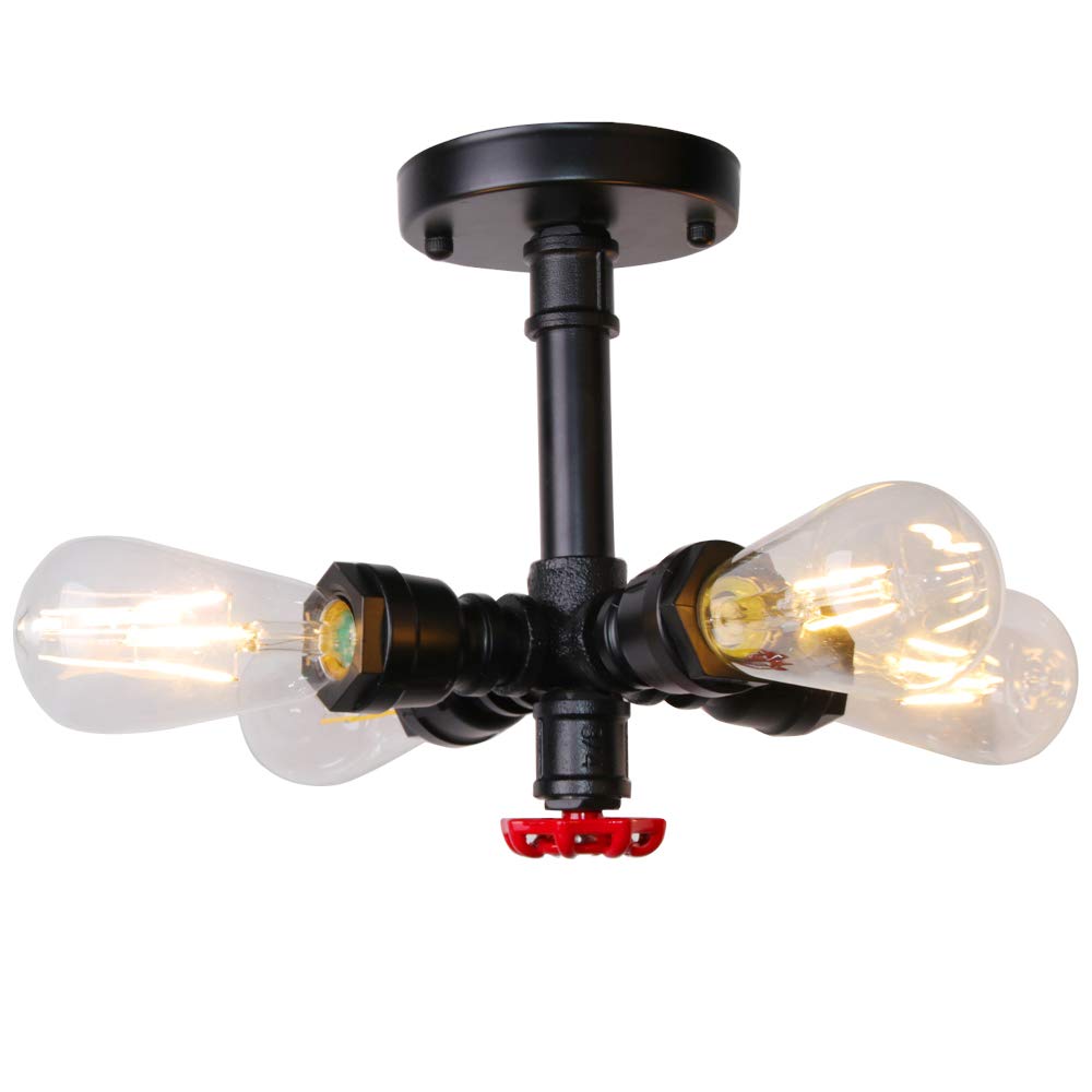 Vintage Plafonnier Tube d'eau Industriel Lustre Luminaire en Métal Rétro Suspension 4 Tête lampe Design E27 pour Salon Cuisine Couloir Loft Chambre (Noir)