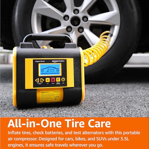Image of Amazon Basics Portable Car Tire Inflator with Digital Pressure Gauge, 150 PSI, 12V DC, Black