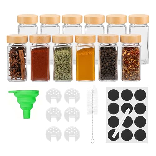 Baroni Home Set 12 Barattoli Portaspezie in Vetro con Tappo in Legno da 120ml, Contentirori Spezie, Etichette Lavagna, Pennarello, Imbuto, Scovolino, Dosatore, 4,5x4,5x11 cm
