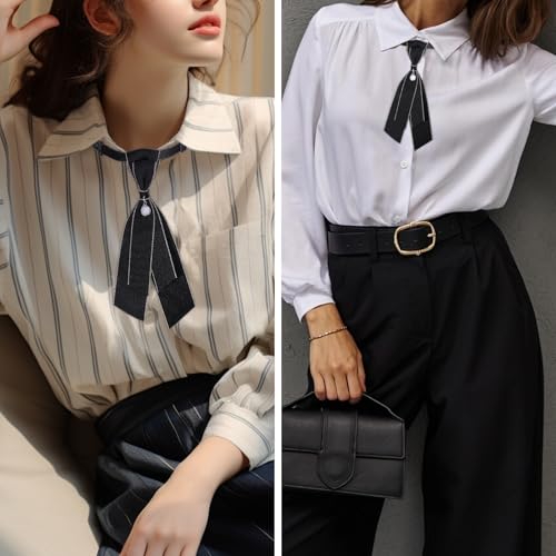 2 Pcs Bow Tie for Women Adjustable Womens Tie Girls Uniform Ties Pre Tied Womens Necktie with Pearl Embellishment Accessory for Shirt Cosplay School Formal Events (Black)4