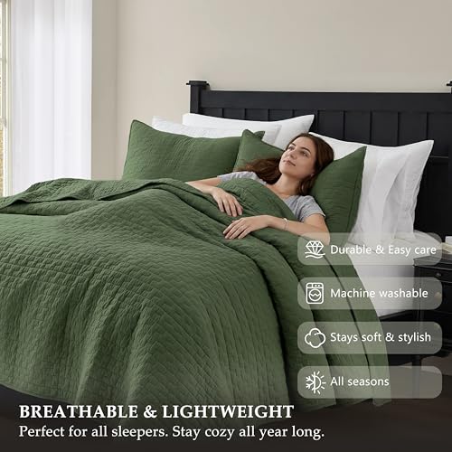 Image of palassio Olive Green 100% Cotton Quilt King Size Bedding Sets with 2 Pillow Shams, Textured Lightweight Soft Bedspread Shabby Chic Coverlet, Quilted Comforter Bed Cover for All Season, 3 Pieces