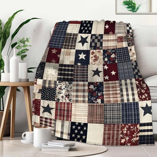 FexNuvko Printed Faux Patchwork Americana Throw Blanket | Faux Quilt Look | Country Farmhouse Fleece Gifts for Women and Men | Rustic Home Decor for Couch and Bed | 40x50 inches