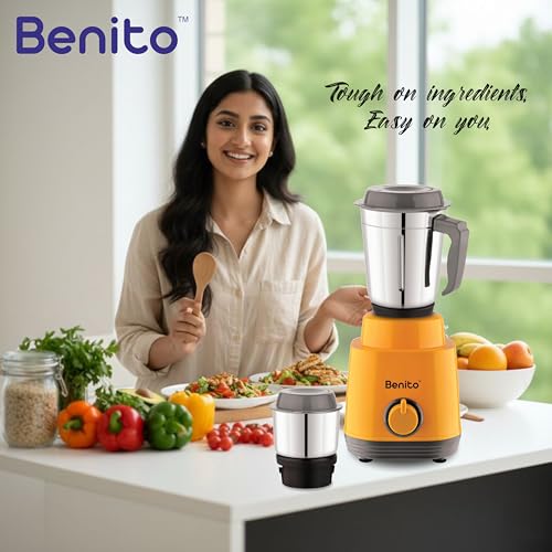 Image of Benito TURIN 550W Mixer Grinder with 2 SS Jars | Heavy-Duty Shockproof ABS Housing | Powerful Motor with Advanced Grinding Technology | Elegant Yellow & Gray Finish come with 1-Year Warranty