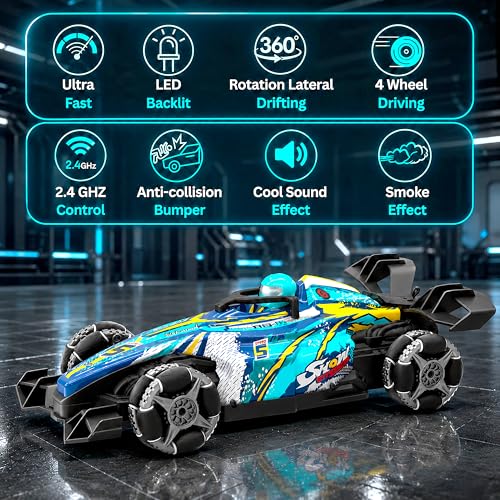 Image of VGRASSP Dual Control Big RiseX Drift Stunt Mist Car Toy for Kids with Lights, Music - Rechargeable 360 Rotating RC Smoke Car with 2.4GHz Remote Control and Gesture Wrist Controller - Multicolor