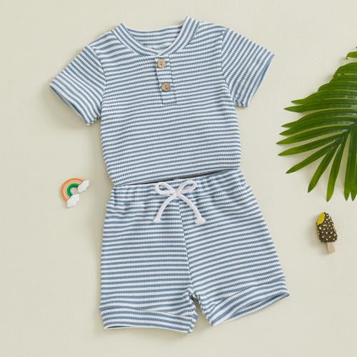 VISGOGO Baby Boy Shorts Set Newborn Infant Summer Outfit Striped Half Button-up Short Sleeve Bodysuit Elastic Waist Shorts4
