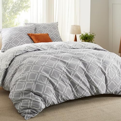 BEDSURE Bettwäsche 155x220 3teilig Bettbezug - Bettwäsche-Sets 155 x 220 cm mit 2 Kissenbezüge 80x80 cm, ÖKO-TEX Wendebettwäsche Bedding Gitter Grau Muster für Einzelbett mit Reißverschluss