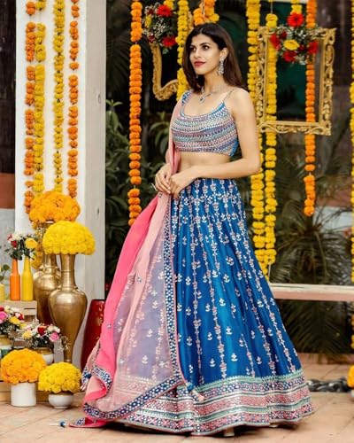 Gorgeous Sky Blue Zari Work Net Wedding Wear indian Women's Pink Printed Poly Silk Lehenga Choli with Dupatta2