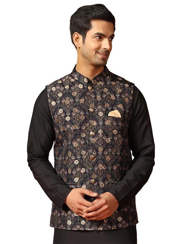 kisah Men's Nehru Jacket, Black Jacquard, Ethnic Motif Regular Fit Mandarin Collar Sleeveless-picture-13