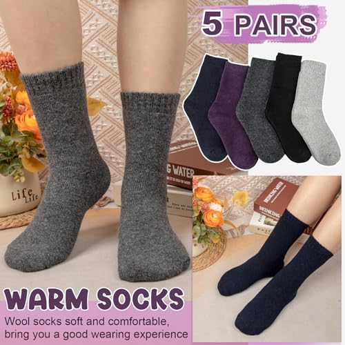 Image of 5 Pairs Wool Socks for Women, Winter Warm Cute Cat Crew Socks