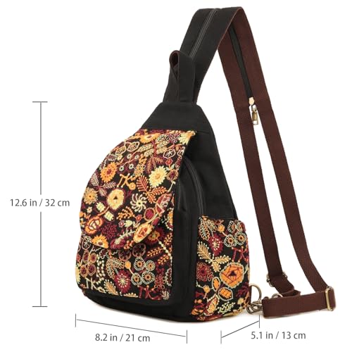 Image of SILKAREA Canvas Sling Backpack for Women Embroidered Travel Chest Bag Multi-purpose Backpack Purse Shoulder Bag (Embroidered Y)