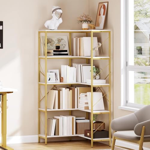 DWVO Corner Bookshelf, 5-Tier L-Shaped Bookshelf Storage Organizer, Tall Corner Bookcase Open Display Freestanding Storage Rack for Living Room, Home Office, Gold