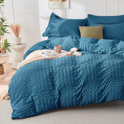 Image of HYMOKEGE Teal Full Size Comforter Sets Seersucker 7 Pieces, All Season Luxury Bed in a Bag for Bedroom, Bedding Set with Comforters, Sheets, Pillowcases & Shams