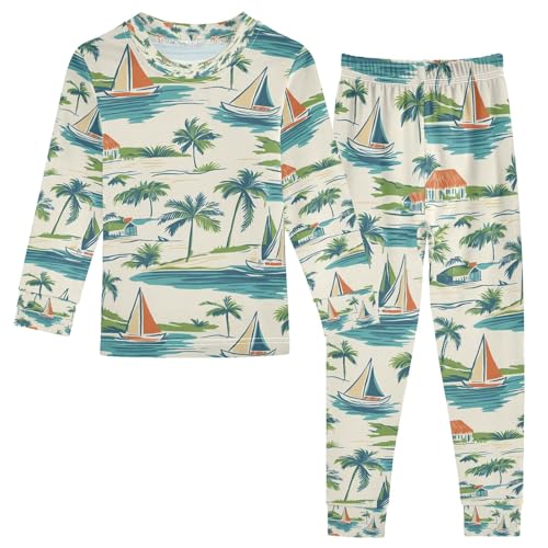senya Palm Trees Sailboat House Pajamas Set Long Sleeve Soft Cotton Sleepwear 2 Piece