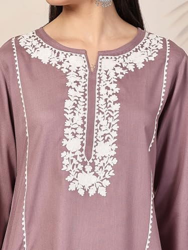 Image of QAZMI Women's Ardra Aari Embroidered Viscose Rayon Full Sleeves A-Line Flared Short Kurti