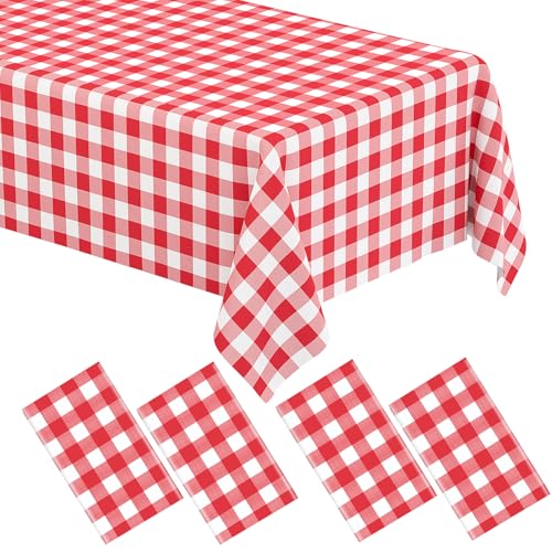Image of WNINK 4 Pack Red Gingham Tablecloth Rectangular Red and White Checkered Tablecloths Disposable Plastic Red Plaid Table Cover for Parties, Christmas, Outdoor Picnic, Birthday, Wedding, Camping 54 x 108