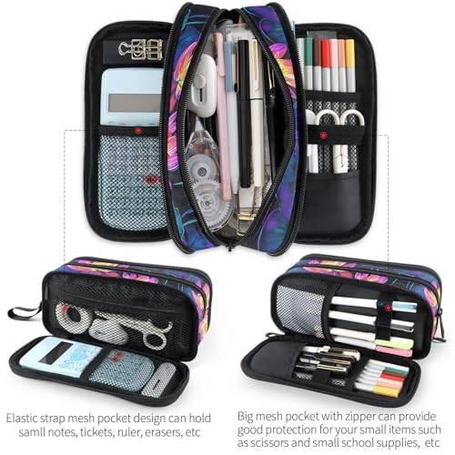 Image of Fustylead Neon Frog and Lily Pads on Black Background Pencil Pen Case with 3 Compartments, Lightweight & Spacious Stationery Bag Cosmetics Bag