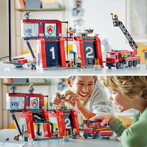 City Caserma dei Pompieri e Autopompa, Stazione con Camion Giocattolo d'Emergenza, 6 Minifigure, Cane e Accessori, Gioco d'Azione dei Vigili del Fuoco per Bambini e Bambine da 6 Anni in su 60414 - Lego - Immagine 8