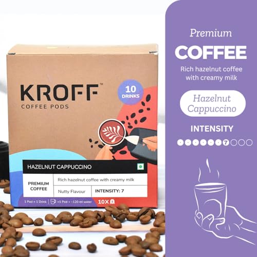 Image of KROFF Hazelnut Cappuccino Coffee Pods | Rich Hazelnut Coffee with Creamy milk | 10 Pods Per Box | Dolce Gusto Compatible