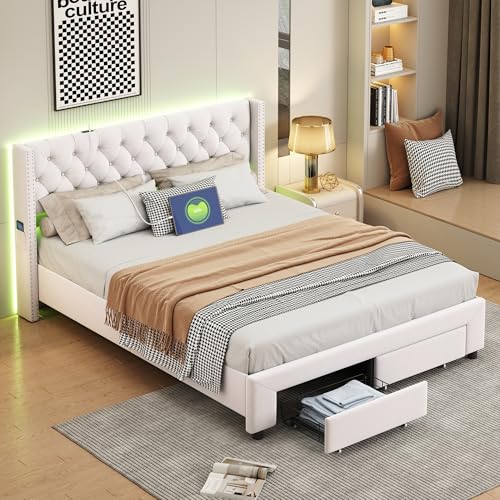 DAHUEN Cama tapizada para cama doble de 160 x 200 cm, espacio de almacenamiento con 2 cajones grandes, cama juvenil con LED y USB, cabecero con diseño de tachuelas, cama con espacio de almacenamiento