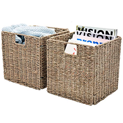 StorageWorks Rectangular Wicker Baskets for Shelves, Seagrass Hand-Woven Baskets with Linings, Large, 11.8
