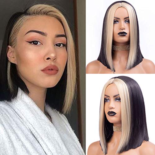 Kmously 14 Inches Short Bob Wig Black and Blonde Highlight Straight Wigs for Women Middle Part Synthetic Straight Wigs for Daily Cosplay Party