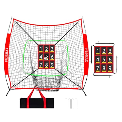 FILOMAX 7x7 ft Baseball & Softball Practice Net with 9 Numbered Strike Zone | PRO Training Net for Hitting, Pitching & Batting | with Carry Bag, Bow Frame for All Ages & Skills