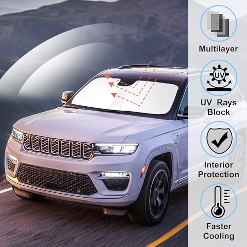 Image of Windshield Sun Shade Custom Fit for 2022 2023 2024 2025 2026 Jeep Grand Cherokee 4XE Accessories Foldable Window Sunshade Protect Car from Sun Rays & Heat Damage Keeps Car Cooler