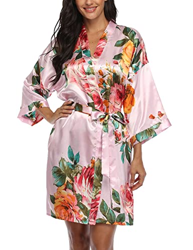 Image of VOGMATE Floral Silk Robes for Women Short Satin Kimono Bride Bridesmaid Robes Bathrobe