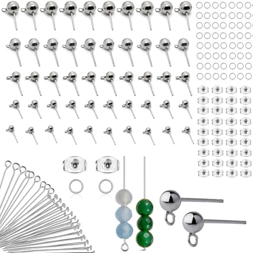 250Pcs No Tarnish Ball Stud for Earring Making, stino Hypoallergenic Stainless Steel Earring Posts, Jewelry Findings Supplies, Silver & Gold Plated (Silver)
