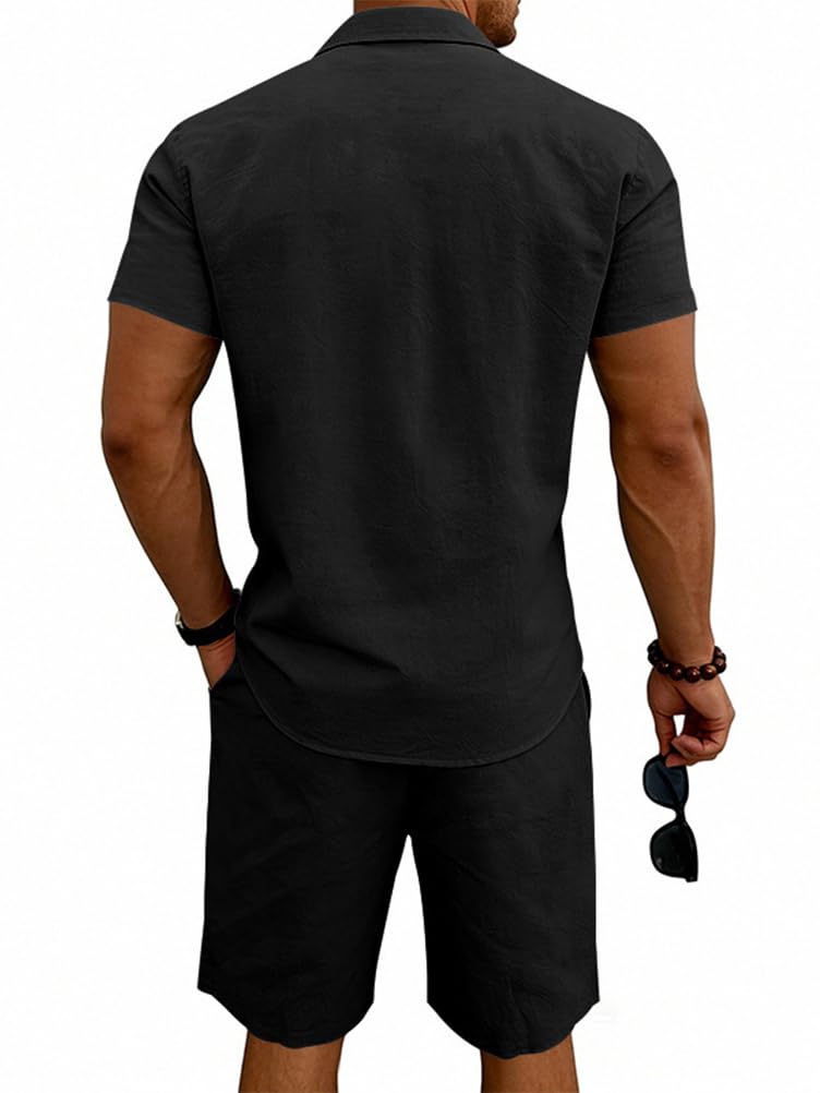 Ensemble Homme Ete Chemise Lin Manches Courtes et Short Set Jogging Ensembles Survêtement Tenue Plage Décontracté 2 Pièces