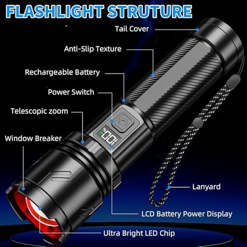 HRIOVS 990000 High Lumens Rechargeable Flashlight, LED Tactical Flash Light — view 6