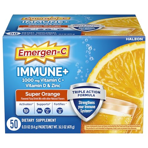 Image of Emergen-C Immune+ Triple Action Immune Support Powder, BetaVia (R), 1000mg Vitamin C, B Vitamins, Vitamin D and Antioxidants, Super Orange, Back to School Essentials - 50 Count, Pack of 6
