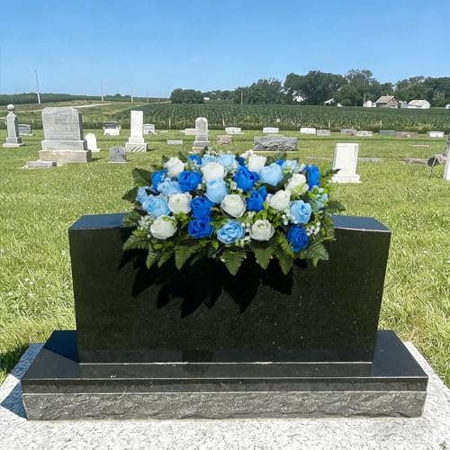 Artificial Cemetery Flowers Saddle Grave Memorial Rose Flowers with Vase for Cemetery Headstones Gravesites Decoration (White&Blue, 1 Saddle) image 3