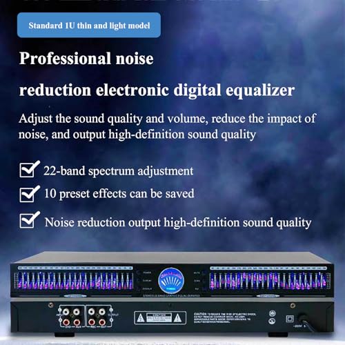 Ecualizador de audio, ecualizador gráfico estéreo de 22 bandas, montaje en rack de 1U con doble canal, 10 efectos preestablecidos, reducción automática de ruido, ecualizador HiFi para ajuste casero miniatura 2