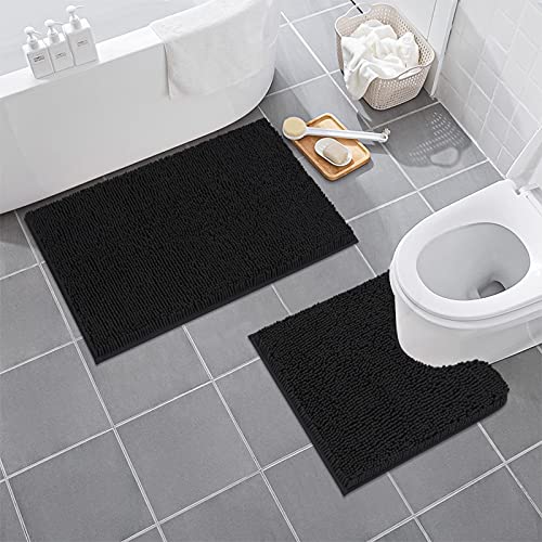 Mayshine 2 Piece Chenille Bathroom Rug Toilet Set, Ultra Soft Shaggy Non Slip Toilet Mats, Water Absorbent, Machine Washable Plush Bath Mat Contour And Rectangle (Black, 32X20 / 20X20 Inches U-Shaped) #TOP1