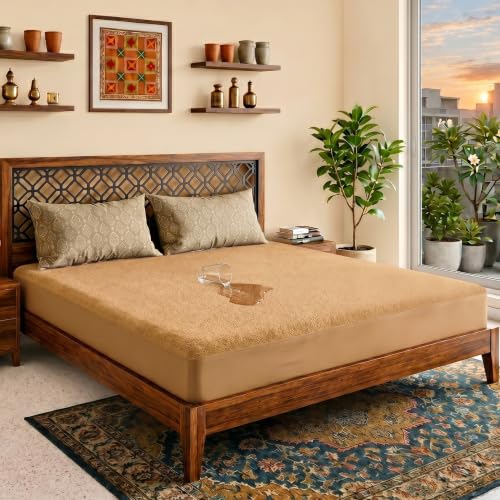 Image of Lithara Terry Cotton Fitted Mattress Protector for King Size Bed | Waterproof & Elastic Band | Ultra Soft & Hypoallergenic Mattress Cover | Size : 72 x 78 Inches (6 x 6.5 Feet) | (Beige)
