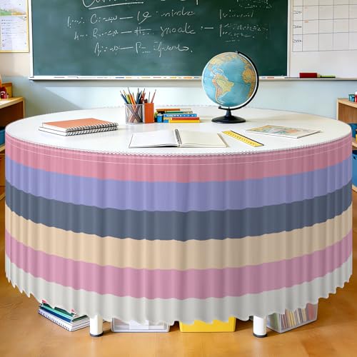 Image of 14FT Ruffle Boho Table Skirt Teacher Desk Skirt for Classroom Decor Rectangle Round Table Cloth Colorful Desk Cover for Back to School Decorations Birthday Party Supplies Home Office Bookcase Cabinet