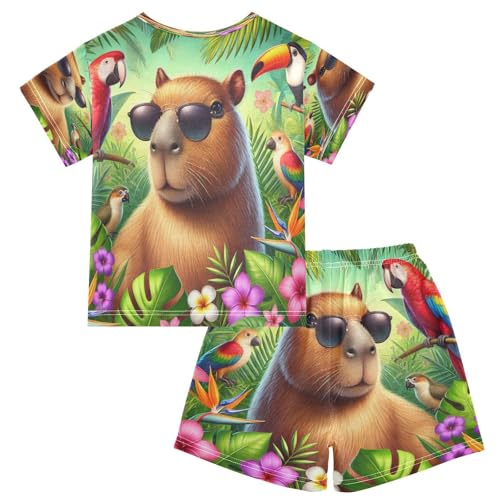 Capybara Tropical Birds Flowers Pajama Set Short Sleeve Summer Pajamas Shorts Sets PJ Clothes Set Soft 5Y2