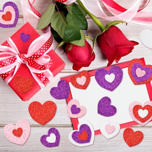 Image of 400 Pieces Heart Shaped Glitter Foam Stickers - Assorted Red, Purple, Pink, and White Colors in 3 Sizes, Self-Adhesive for Kids Crafts, Valentine's Day Decorations, Wedding Party Favors Supplies