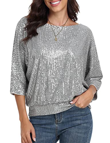 Kayamiya Women's Sequins Top Shimmer Glittery Loose Bat Sleeve Party Tunic Tops Off The Shoulder Metallic Tops Grey Silver Xl #TOP19
