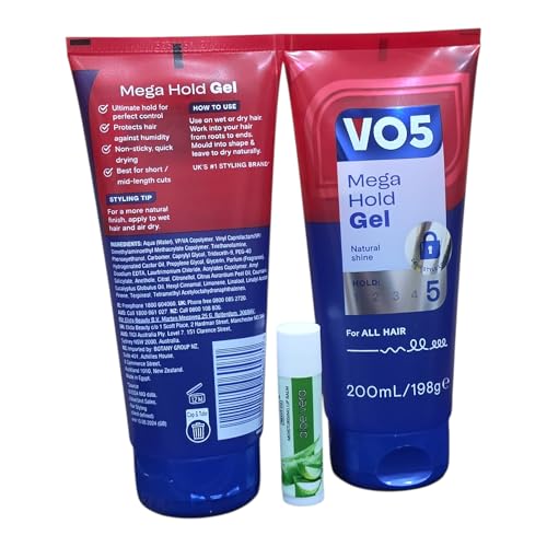 VO5 Mega Hold Gel 200ML Extra Hold Styling Gel gives you Extra Strong Control Perfectly Groomed 24HR Twin Pack With Free Aloe Vera Lip Balm