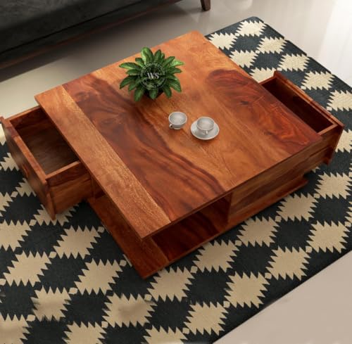 Image of Sheesham Wood Coffee Table with 2 Drawer Storage | Wooden Hallway Table for Living Room | Centre Table for Bedroom | Teapoy Tea Table (Honey Finish)