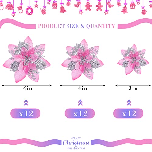 36 Pcs Christmas Glitter Artificial Poinsettia Flowers Xmas Poinsettia Artificial Wedding Flowers Decorations Xmas Tree Ornaments with Clips for Party Favors 6 Inch - Image 3